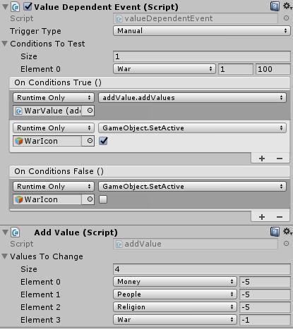 Value Dependent Events With this script, you have the possibility to trigger various Unity Events depending on a specific value. Trigger Type: Choose between manual or automatically.