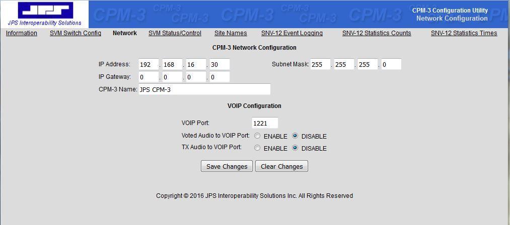 6.5.3 Network Configuration The Network Configuration Page (below) displays and allows the user to change the network parameters for the CPM-3.