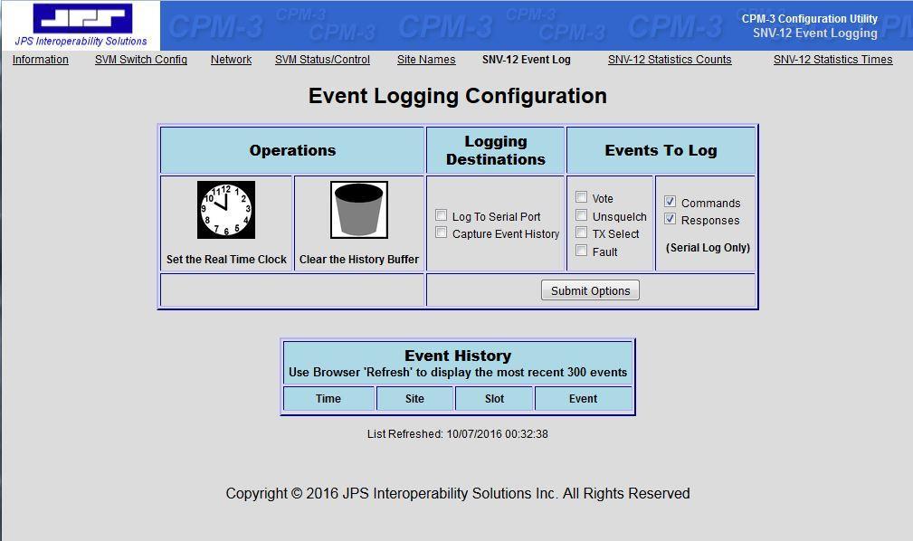 6.5.5 Event Log The SNV-12 Event Log Page (below) presents logged system events with a time stamp from the real-time clock (RTC). This page also allows the user to configure which events to log.