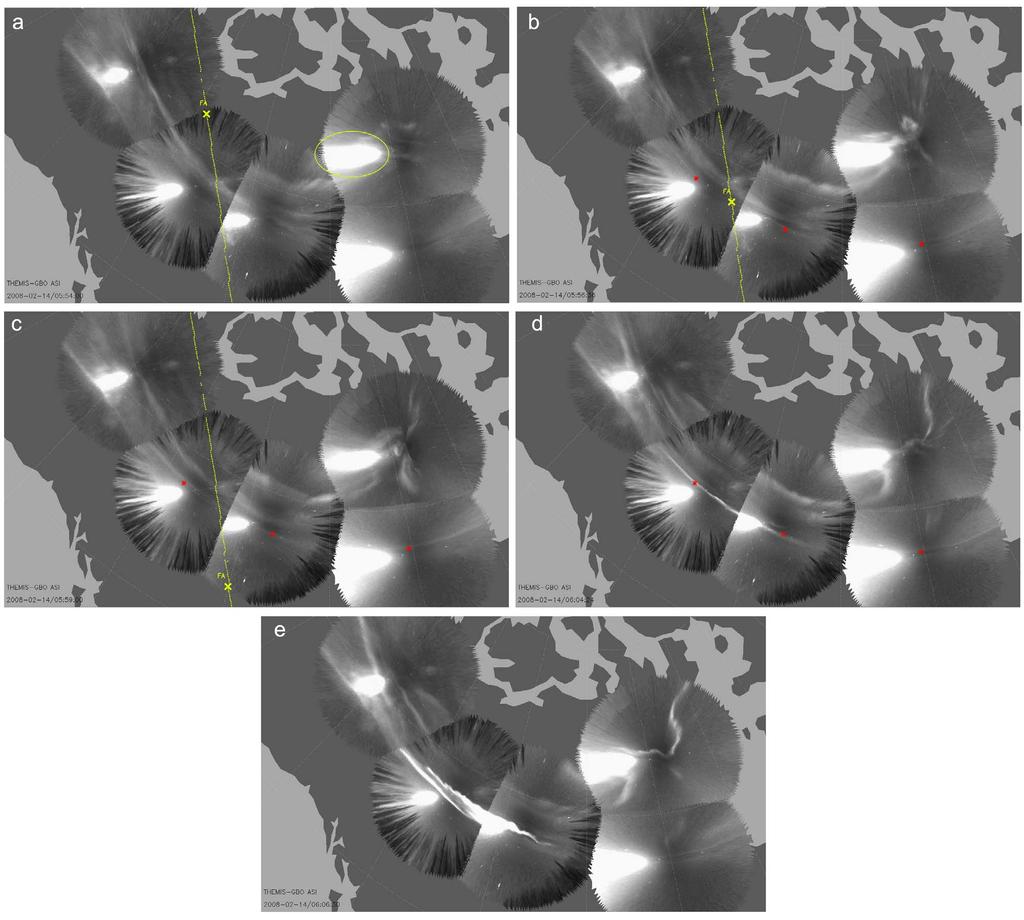 Figure 5. Snapshots of an auroral substorm on 14 February 2008 from THEMIS ASI. (a e) The UTs are indicated at the bottom of the images. A substorm onset occurred at 06:04:24 UT.