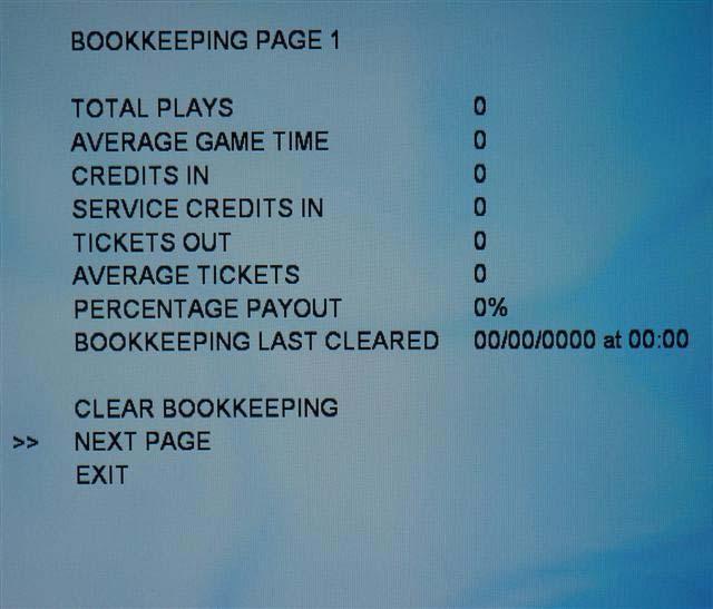 Bookkeeping This Test displays the bookkeeping meters, it consists of 3 pages.