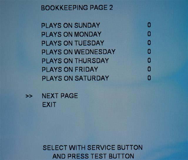 Use the Service button to navigate, and the Test button to action changes of the following options Clear Bookkeeping Clears all Bookkeeping data Next Page Shows Bookkeeping Page 2 Bookkeeping Page 2