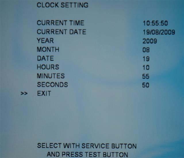 Clock Setting This Test is used to set the PC s real time clock facility Use the Service button to navigate, and the Test button to action changes to the follow options.