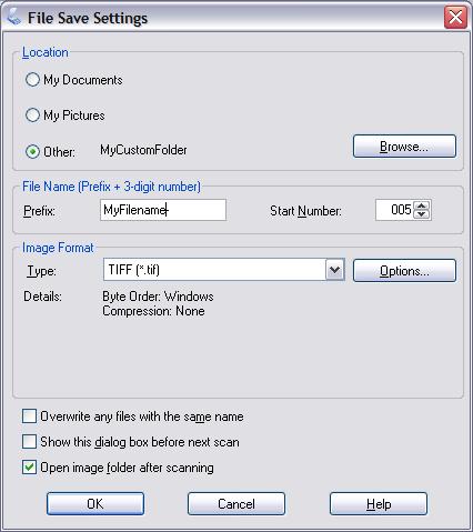 6 Set the file naming and output file location Specify a location for the files to be saved to. Specify a prefix for the filename and a starting number.