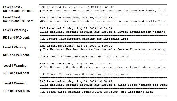 RESULTS The CSWeather-EAS program keeps a log of all the EAS messages received and transmitted. In the image above you can see a sample page of this log showing of various tests and alerts.