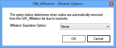 Module Options The Module Options window allows you to customize the module-level options for the GW_Affiliation module. These options affect all users.