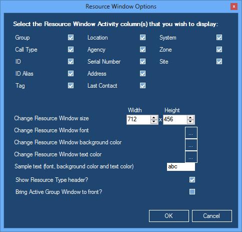 Resource Window Options The Resource Window Options window allows you to customize multiple resource windows at once as a well as define the defaults for any resource windows you may open later.