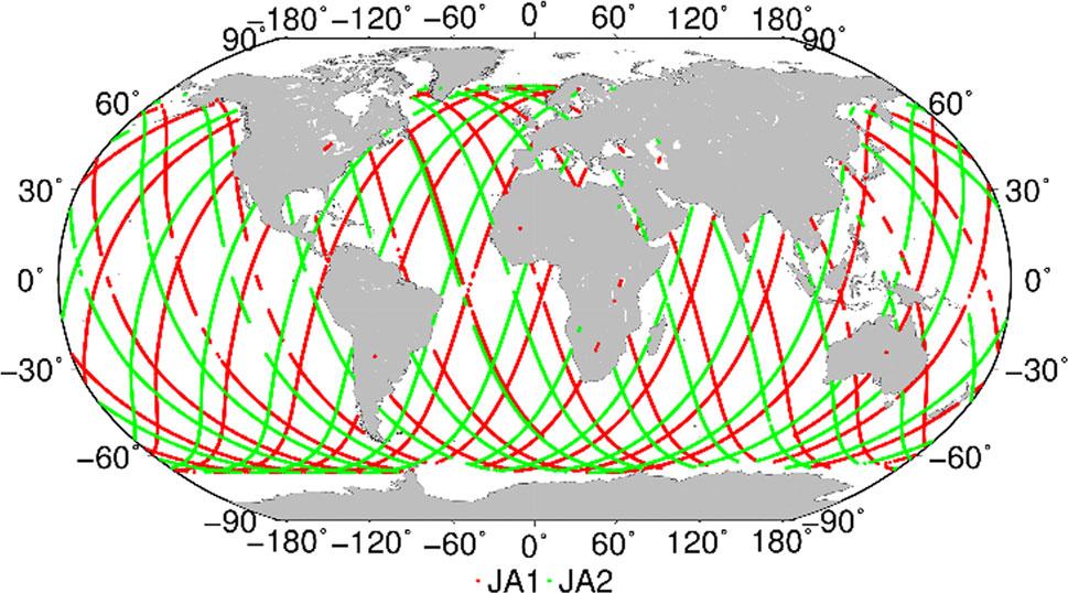 Satellite Altimetry data Ionospheric data provided by satellite altimetry cover the ocean area. Footprints of Jason-1/-2 in DoY 121, 2013 are shown in Fig. 3.