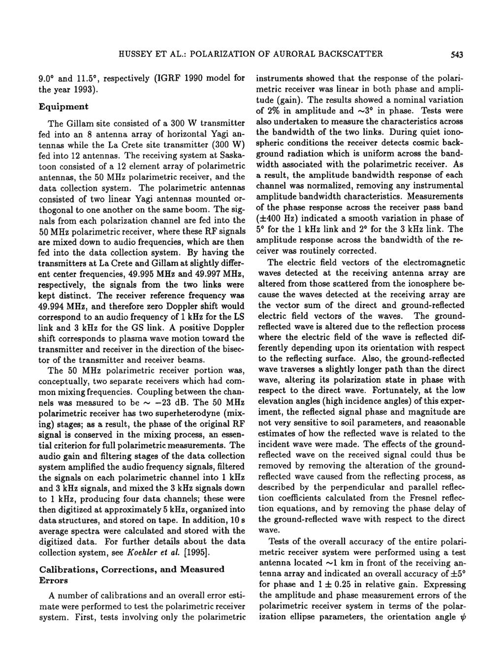 HUSSEY ET AL.: POLARIZATION OF AURORAL BACKSCATTER $43 9.00 and 11.5 ø, respectively (IGRF 1990 model for the year 1993).
