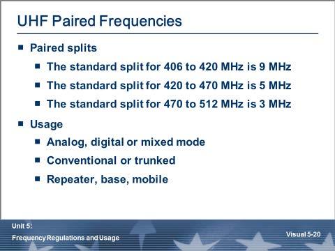 UHF Paired Frequencies UHF Paired Frequencies UHF is allocated in pairs 9 MHz separation Federal allocations Bandwidth between TX and RX pair The standard split for 420 to 470 MHz is 5 MHz The