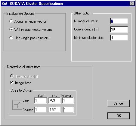 2. Next, select ISODATA This will cause the ISODATA Specifications dialog box to be displayed as shown below.
