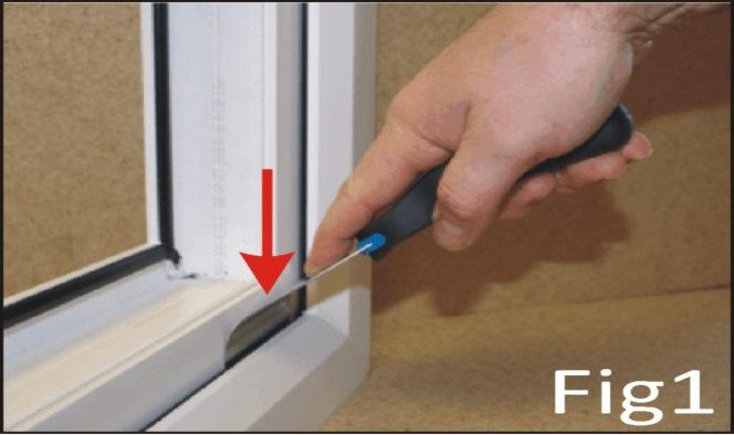 Making sure to hold the Release Tool firmly and with the blade flush to the sash internal face, push straight down between the sash and the outerframe in the area shown.