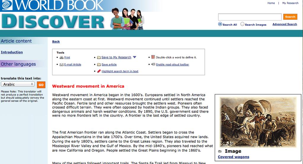 World Book Discover has an article called westward movement in America which aligns with New York State Social