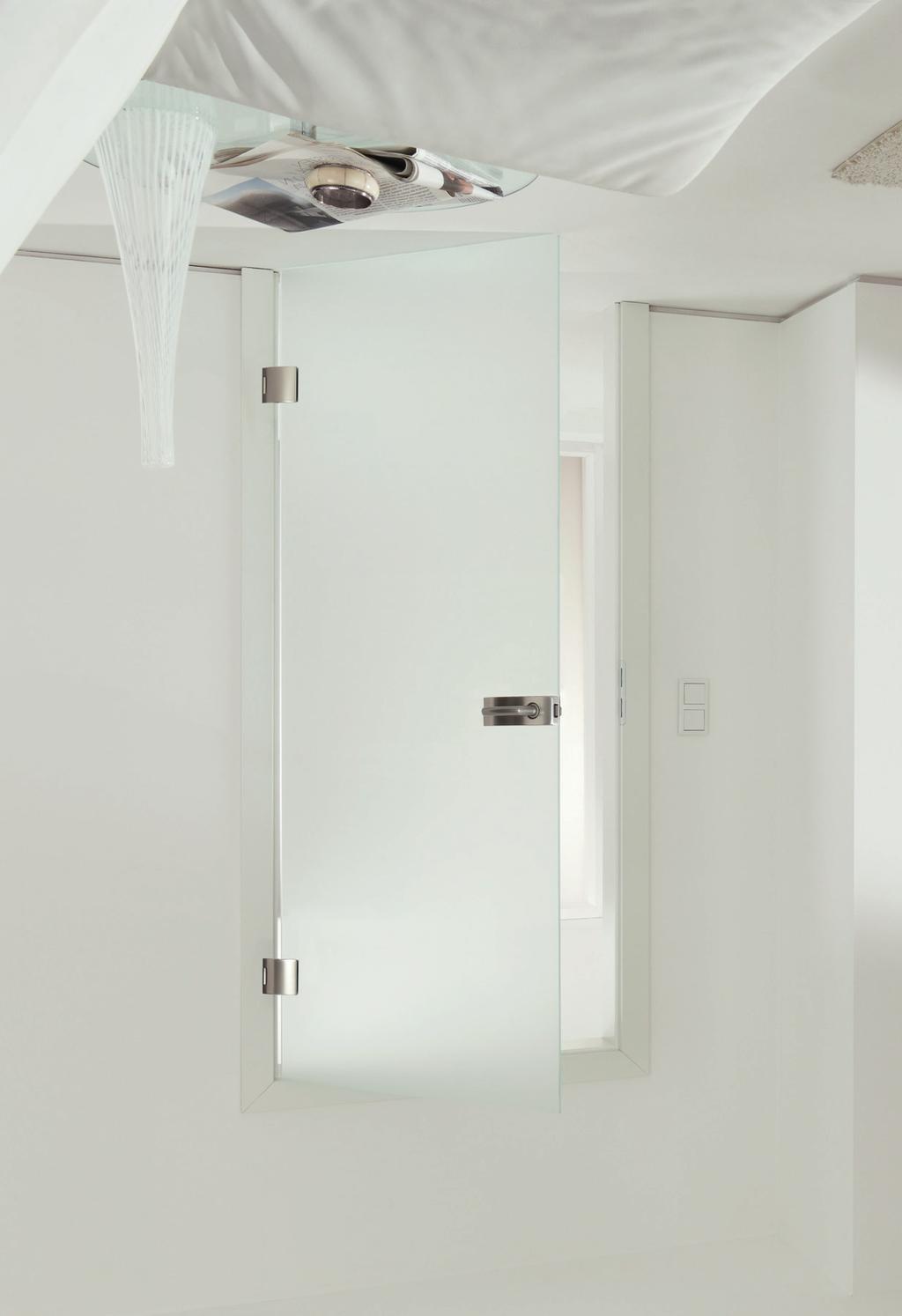 STUDIO Arcos Manual single action and double action door systems Technical data Glass Glass thickness max door weight Lock application Applications Material Finishes Toughened safety glass 8,10 mm 45