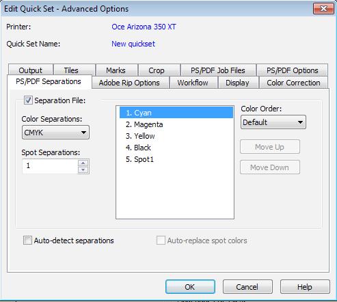 As stated earlier, this option can be done in Job Editor. This is accomplished by selecting the File menu and choosing Job Properties. In this dialogue there is the same tab, PS/PDF Separations.