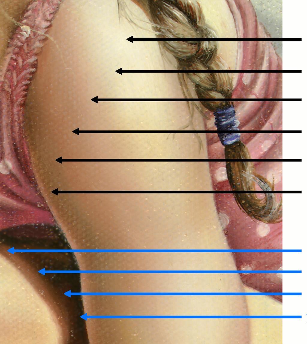 As most of the arm is in sunlight, the values range from light to medium ( to ). The section of her upper leg that s in shadow is painted with darker values ( to 0).