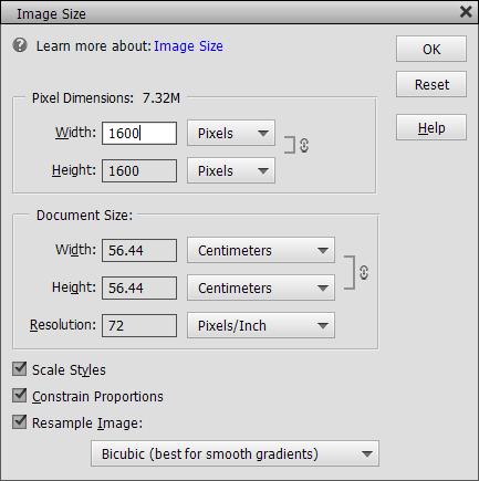 Change the Width to 1600 pixels and see what happens You can see that the height is also 1600 which is too high so you need to change the height instead of the width when you have a square