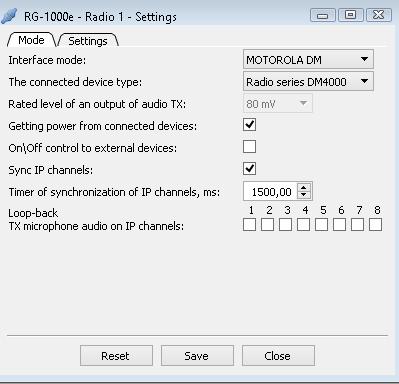 14 Mode tab: Interface mode: This mode defines the interface operation mode for data exchange and radio station management.