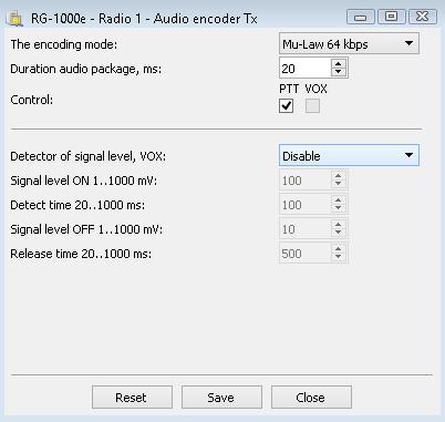 21 To open the Audio encoder TX window, double-click Audio encoder TX on the RG-1000e panel in the Radio 1 or Radio 2 section.