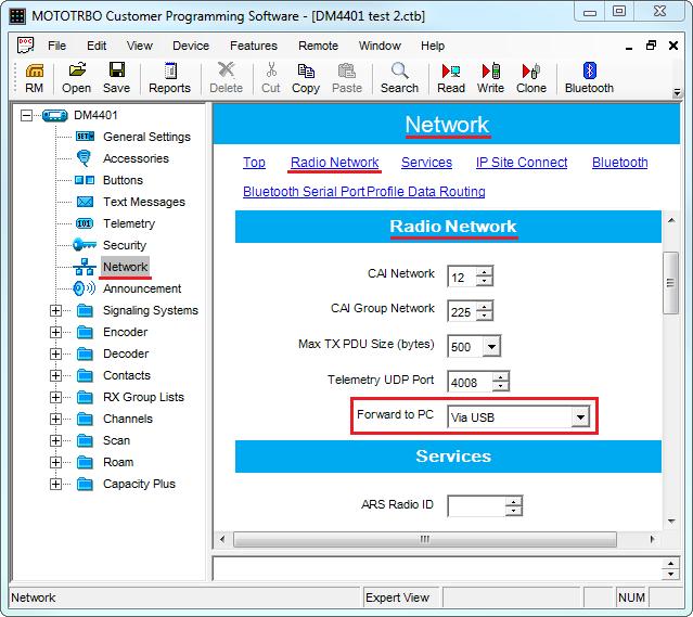 2 MOTOTRBO radio settings 32 3. Click the Network tab in the radio settings. In the Radio Network section, select Via USB in the Forward to PC field. 4.