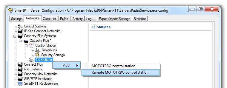 3 SmartPTT Radioserver settings 41 To add connection to the remote control stations in the Capacity Plus Legacy mode, configure the following settings the TX Stations menu item of SmartPTT