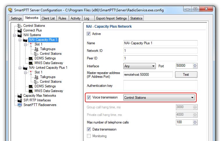 3 SmartPTT Radioserver settings 42 To add connection to the remote control stations in the NAI Capacity Plus and NAI Linked Capacity Plus modes, configure the following settings in the NAI Systems
