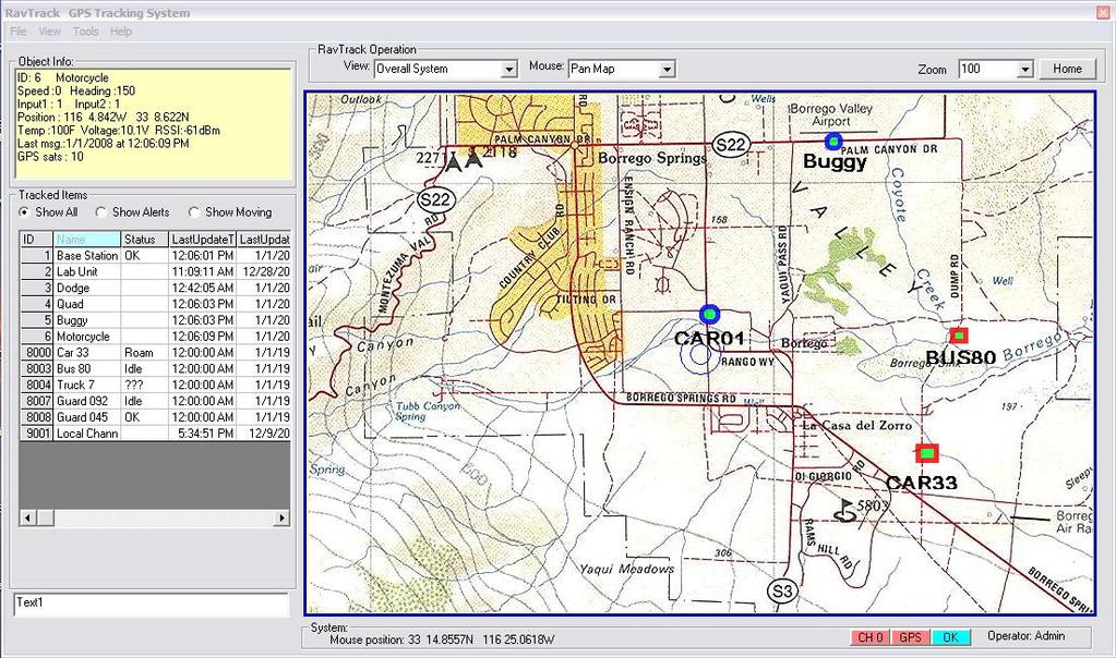 This easy-to use PC application graphically shows the location and status of cars, trucks, people, or anything equipped with RavTrack Transponders.