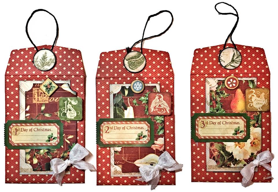 Twelve Days of Christmas : Holiday Gift Tag Envelopes Step 8: Adhere the papers to the envelope fronts just as you did in steps 2 & 3. Adhere the ½ circles to the string tie grommets.