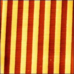 b) Closed-loop AFM image of a 3µm-pitch calibration grating with 22nm step height.