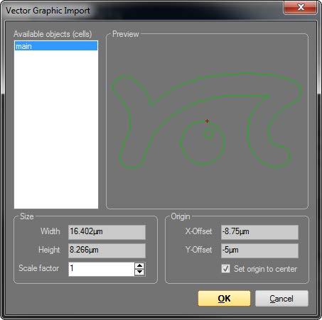 LITHOGRAPHY TOOLBAR 12.5.1: Vector Graphic Import dialog The Vector Graphic Import dialog appears after clicking the Import Vector button and selecting a valid GDS II file.