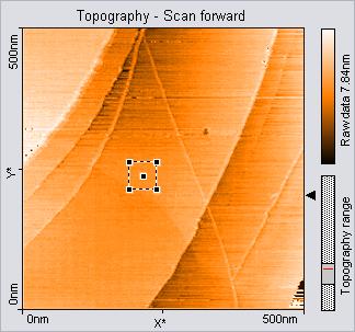 CHAPTER 4: FIRST MEASUREMENTS 4 Change the size of the new scan range to about 30 50 nm by clicking and dragging a corner of the square with the mouse cursor. Figure 4-4: Zooming.