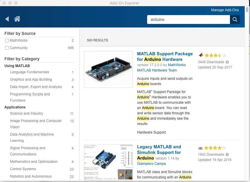 Next search for arduino add-ons: Select the Matlab Support