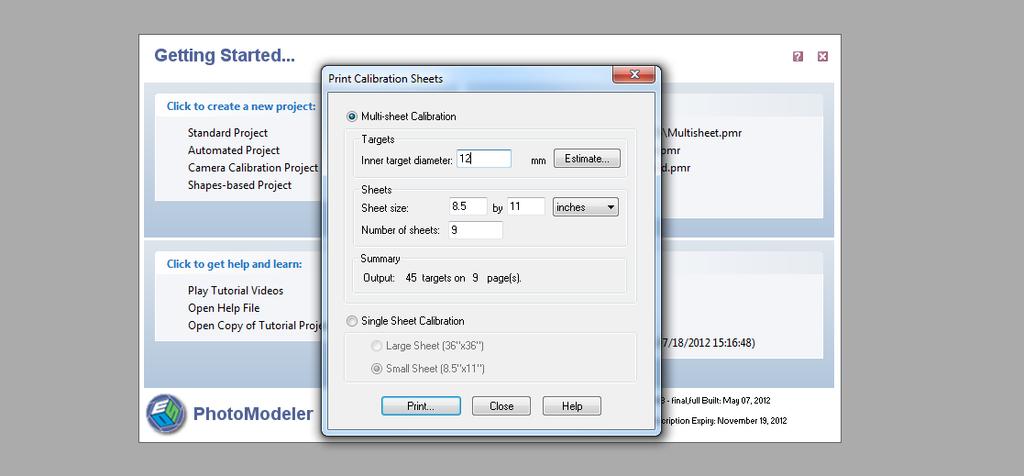 3.3.2 Creating Multi-Sheet Camera Calibration Sheets Select Multi-sheet Calibration in the Print Calibration Sheets window.