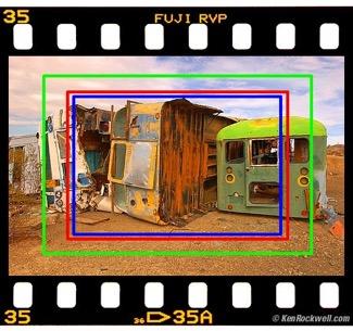 CROP FACTOR 35mm film marked with digital camera sensor sizes. Green: Canon 1.