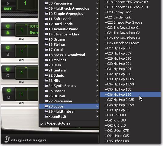 4 Now let s load up a sound. Click the Librarian menu (<factory default>) and choose a preset from the Loops sub-menu.