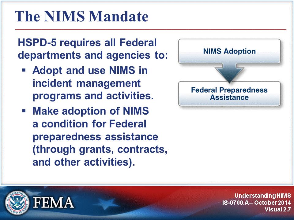 HSPD-5 requires all Federal departments and agencies to: Adopt NIMS and use it in their individual incident management programs and activities.