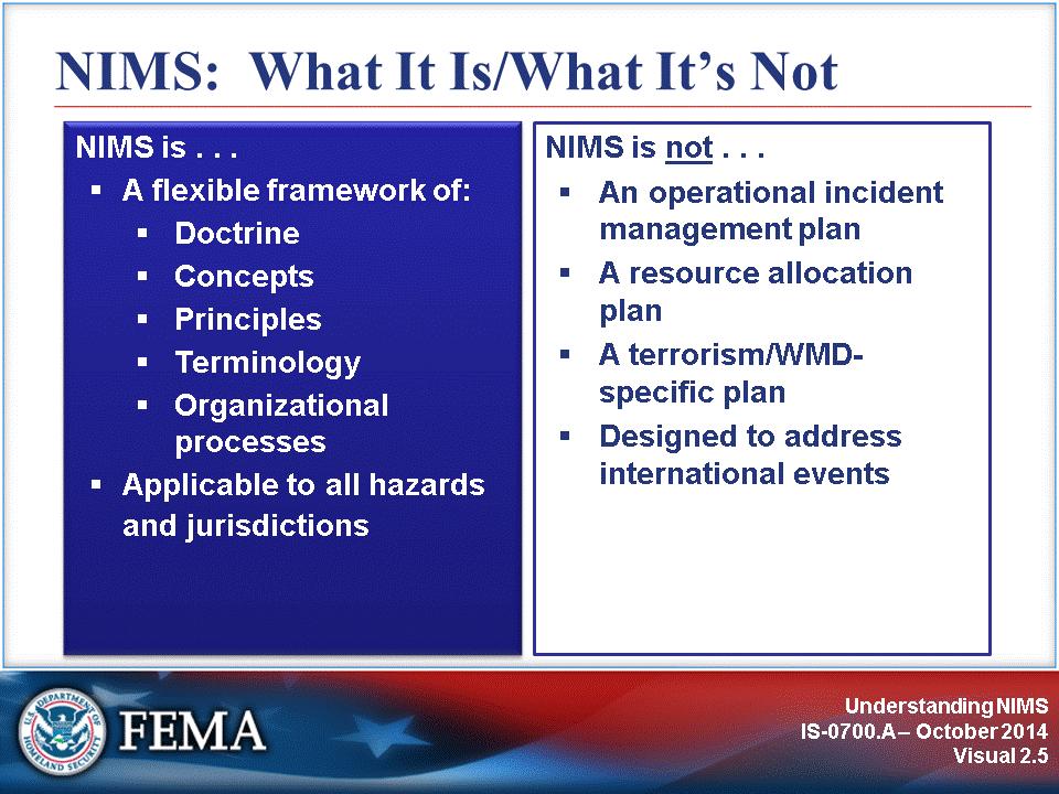 Refer to the items on the visual stating What NIMS Is and What NIMS Is Not.