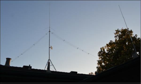 The maximum radiation for an inverted V-antenna is at its center. It is similar to a halfwave dipole antenna.