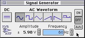 AC/DC Electronics Laboratory 012-05892C ➄ Click on the Signal Generator window, or select it from the Experiment menu. Click on the frequency to highlight it.