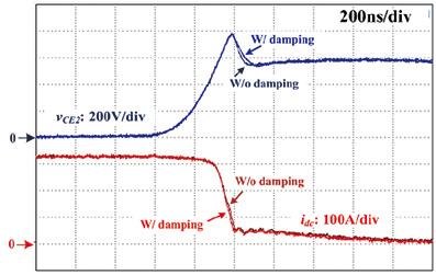 There are no significant changes in the voltage overshoot and current slew rate before and after attaching the damping circuit. Fig. 25.
