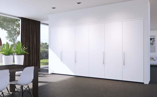 > Based on the HAWA-Concepta the system is for bi-folding pocket doors > Two pairs of folding doors enable cabinet fronts up to 2800 mm in width to be stored in the cabinet > Flush cabinets open