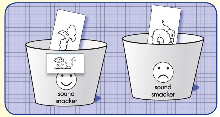 Sound Snacker Sound Smacker Phonemic Awareness Identification and Isolation Initial Sound Materials Two plastic containers or tubs one marked with a happy face (Sound Snacker) and one marked with a