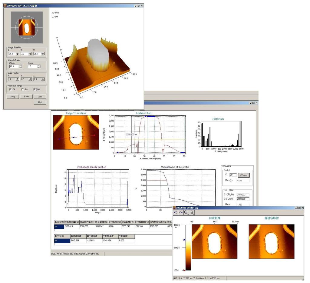 Professional 3D Graphic Analysis Software ( PostTopo ) Powerful and user-friendly 3D graphic analysis software Automatic surface leveling. Self-calibration function by step-height standards.