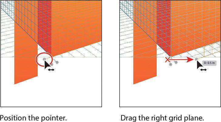 3. Select the Perspective Selection tool ( ). Position the pointer over the right grid plane control (circled in the figure). When the pointer changes ( ), drag to the right until D: 0.