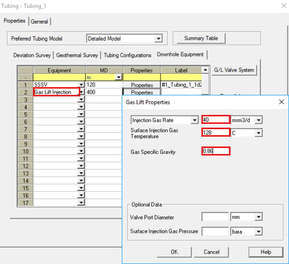 Figure 26. Gas lift injection parameters input window in PIPESIM In the Downhole Equipment section the Gas Lift Injection should be selected from the dropdown menu.