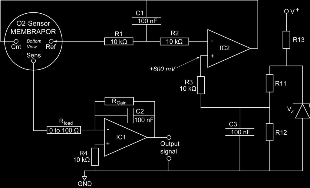 3) Designing a Potentiostatic Circuit for the Oxygen-Sensor To operate an electrochemical sensor a control circuitry is required, referred to as the potentiostatic circuit.
