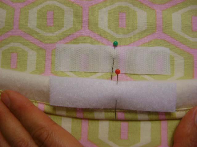 Add Velcro to the pocket by pinning one side to the inside of the pocket, and one side to the main bag fabric and stitch in place. 5.