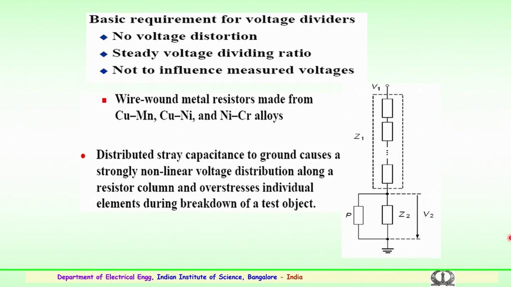 (Refer Slide Time: 28:56) So, basic requirement for voltage dividers which are used for measurement importance is no voltage distortion should happen, there should be study voltage dividing ratio and