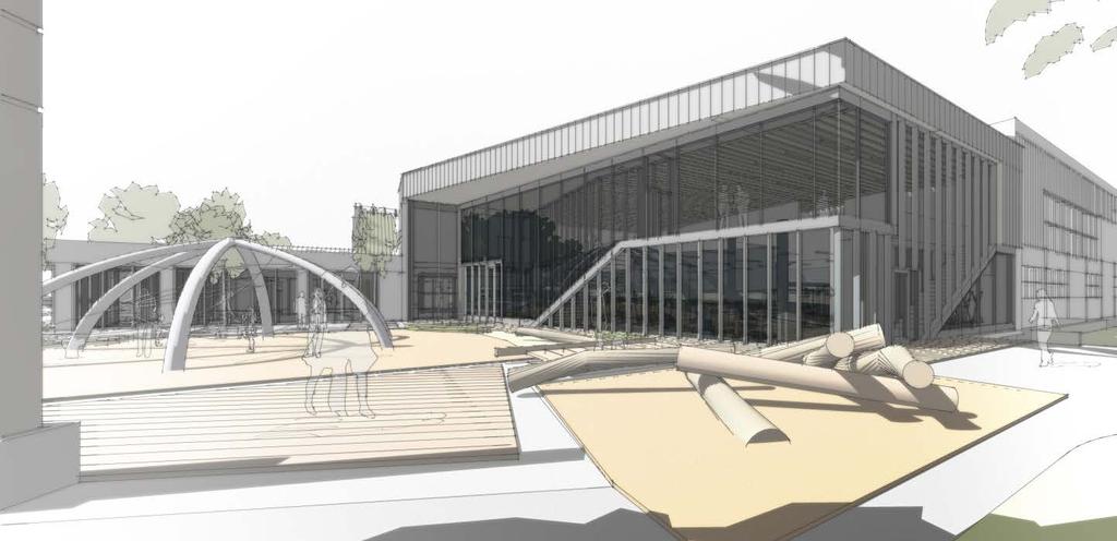 Architect s rendering of the proposed form of the addition to the Newton Recreation Centre, showing the proposed two-storey glass curtain wall.