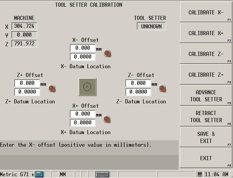 5. Select the TOOL SETTER CALIBRATION F1 softkey. The Tool Setter Calibration screen appears: Figure 16 5.
